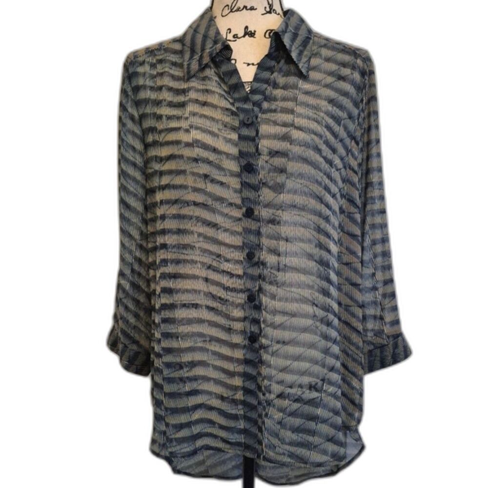 Clara Sun Woo Abstract Tunic Blouse Top M Sheer Mesh High Low Button Back